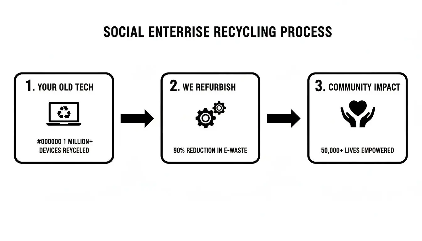 Infographic detailing a social enterprise recycling process with steps for old tech, refurbishing, and community impact.