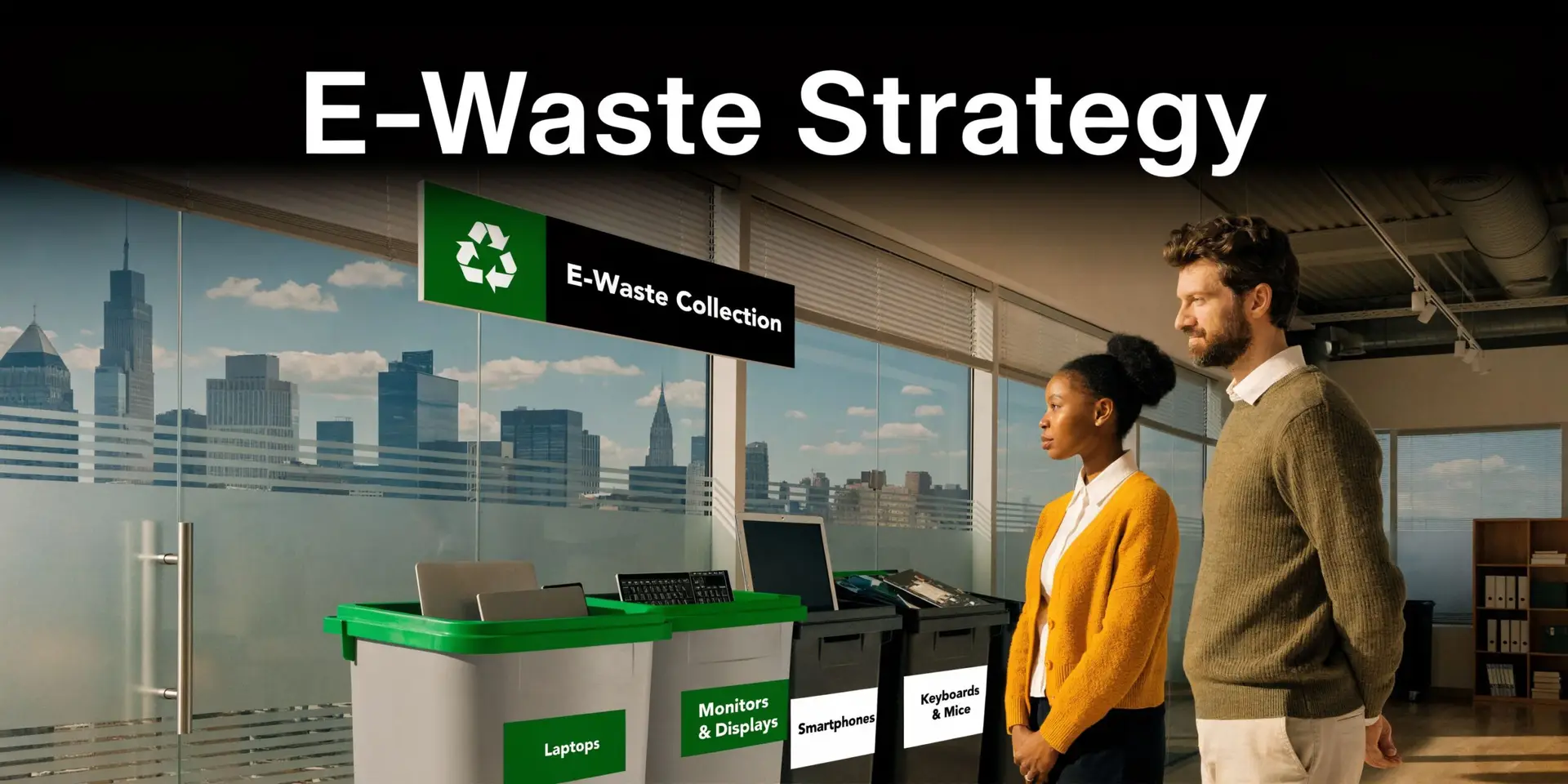 A diverse man and woman standing in a modern office looking at electronic waste recycling collection bins.