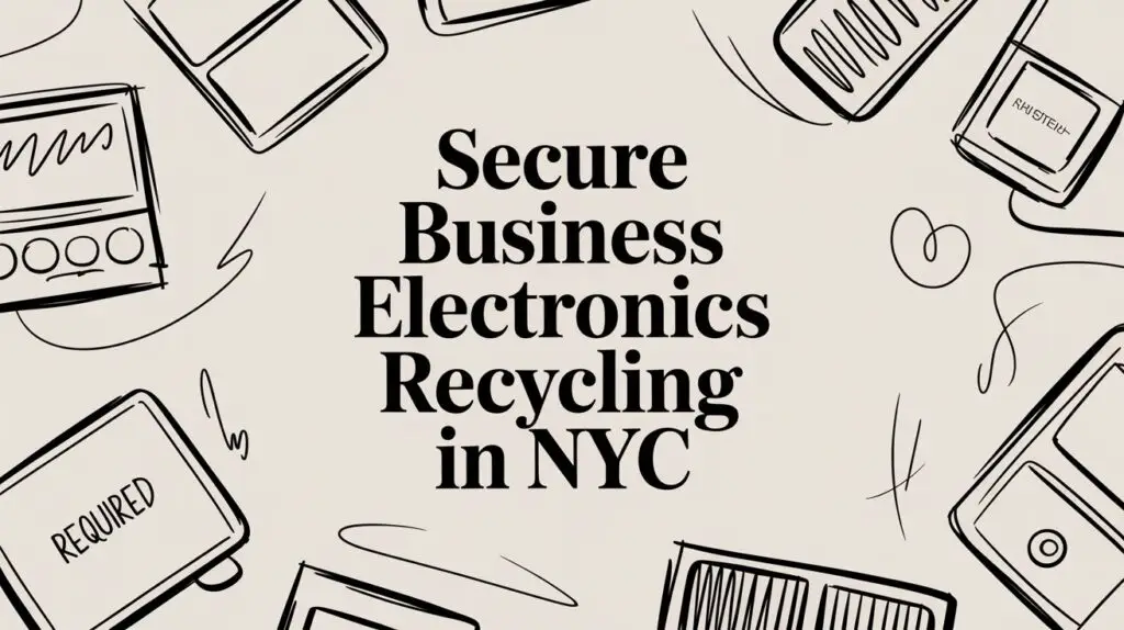 Text "Secure Business Electronics Recycling in NYC" is centered on a beige background, surrounded by black line drawings of various electronic devices like laptops and tablets.