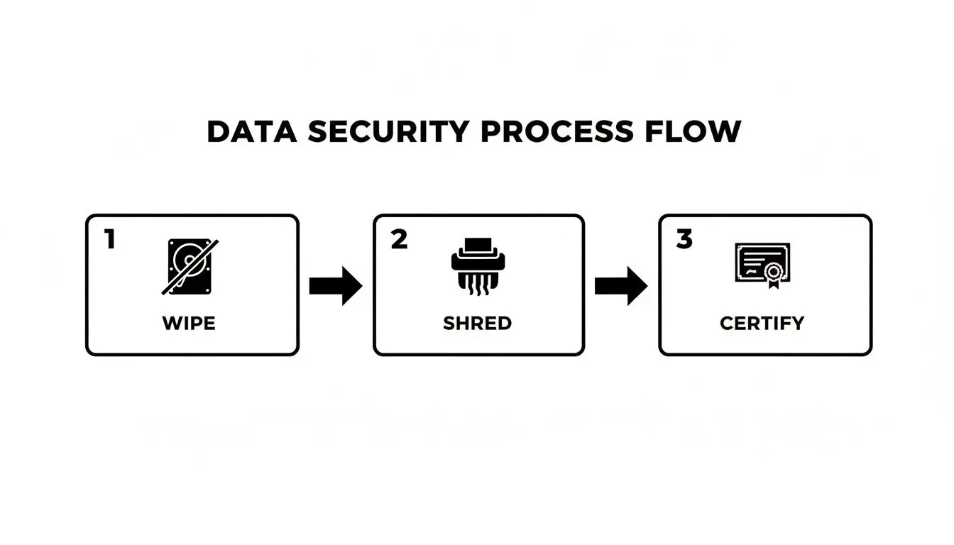 A three-step data security process flow: wipe, shred, and certify data securely.