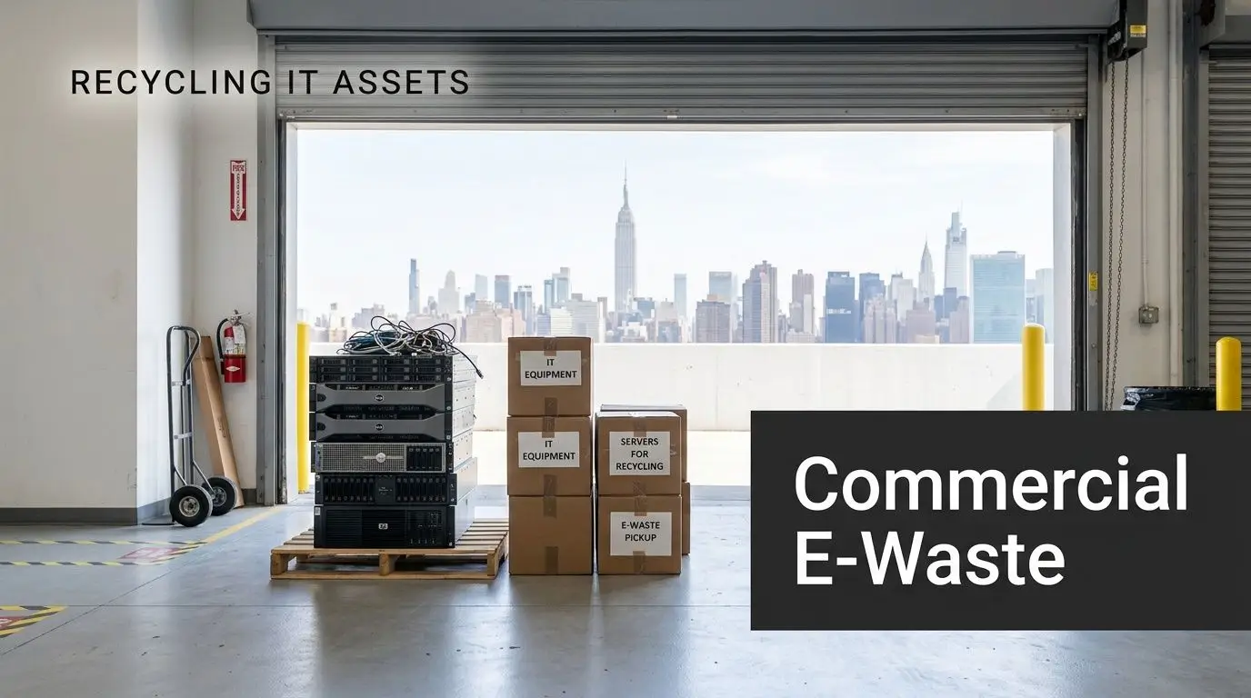 Commercial e-waste, servers, and IT equipment on pallets ready for recycling with a NYC skyline.