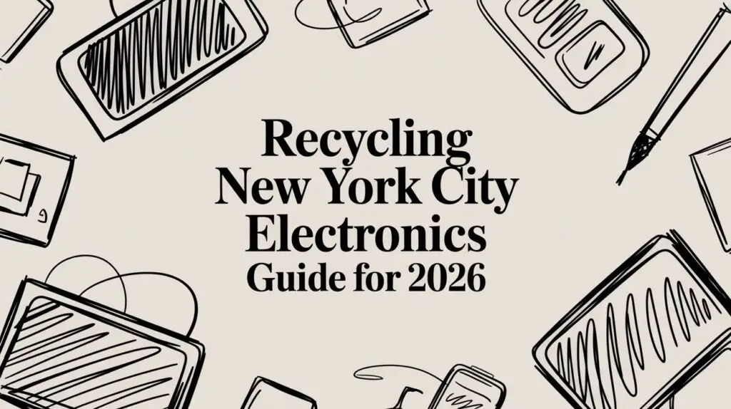 Outlined drawings of various electronic devices border the image. Center text reads: &ldquo;Recycling New York City Electronics: Guide for 2026.&rdquo; The background is a light, neutral color.