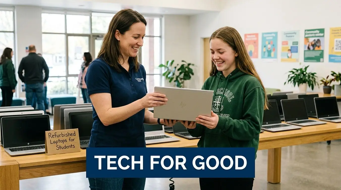 A woman hands a refurbished laptop to a smiling student, surrounded by other laptops.