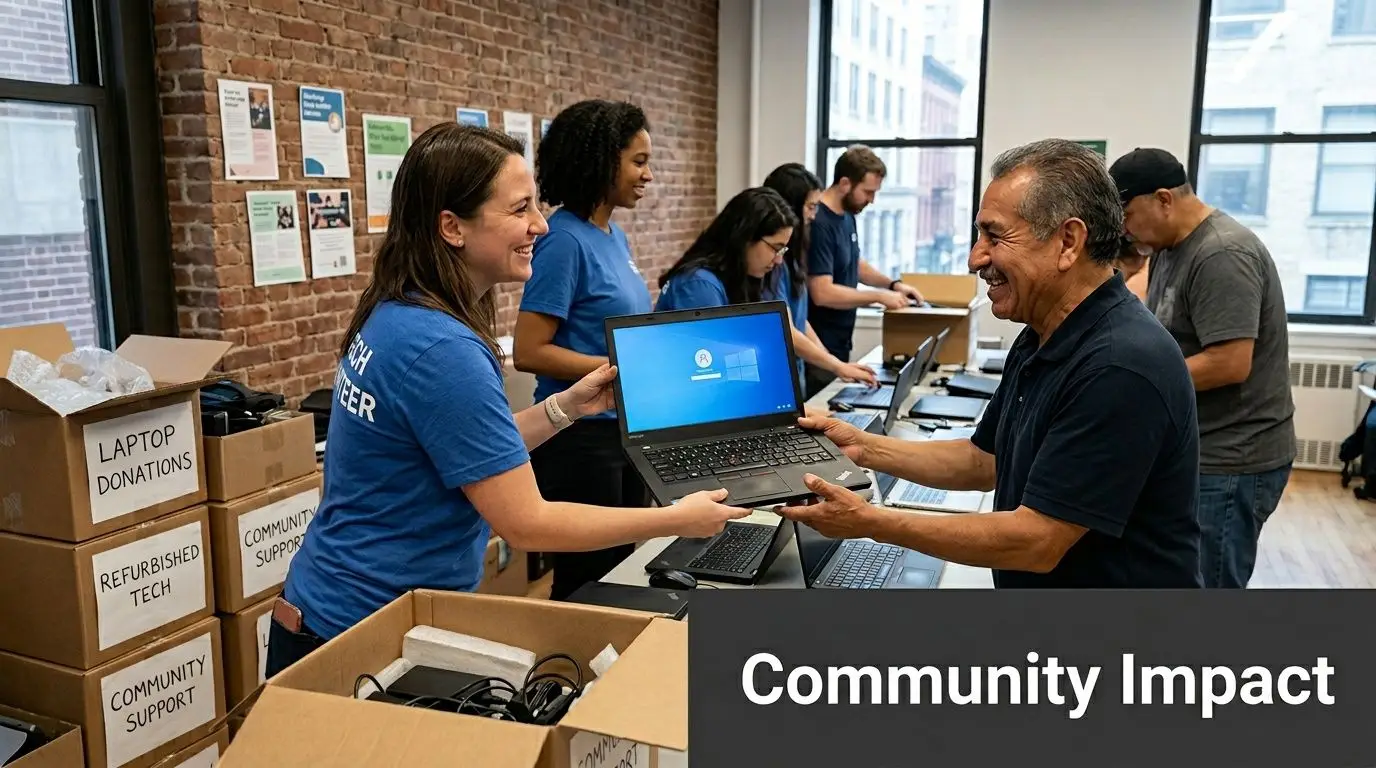 Tech volunteers distribute refurbished laptops to happy community members in a community support program.