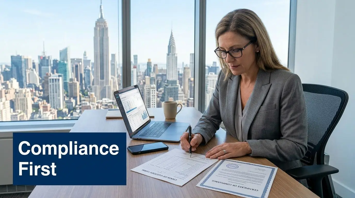 A professional woman signs compliance documents at a desk with a laptop, overlooking the New York City skyline.