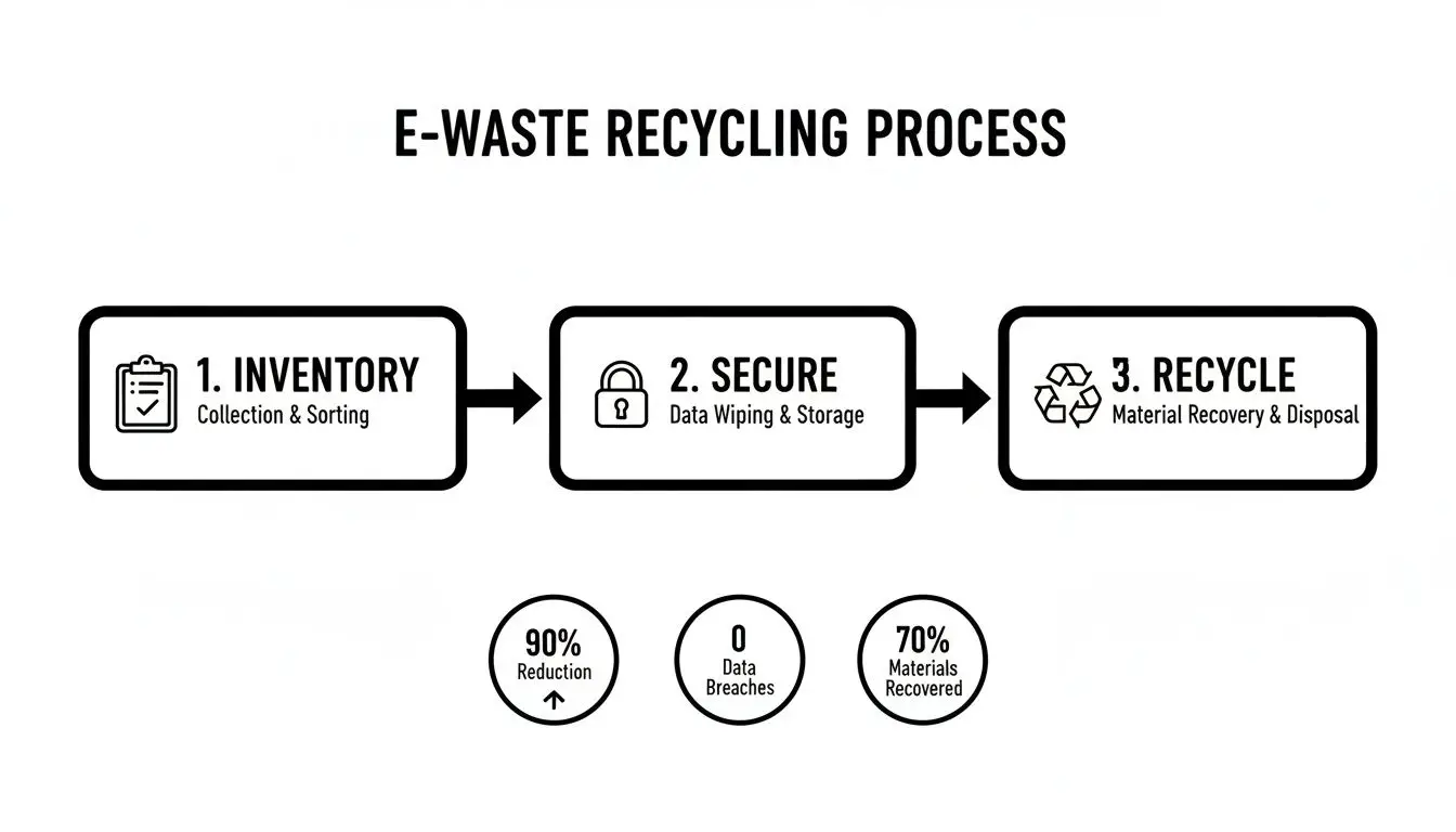 E-waste recycling process infographic showing steps: Inventory, Secure, Recycle, and key performance metrics.