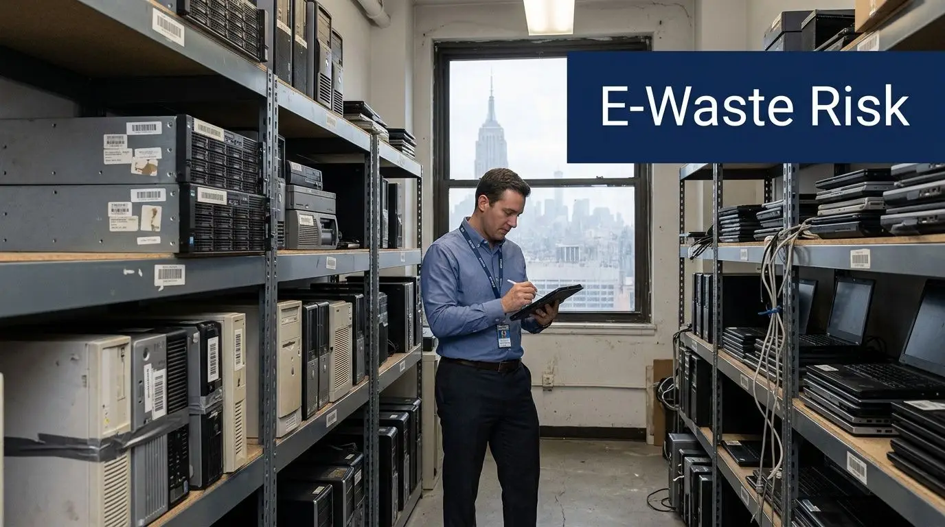 Man inspects e-waste on shelves in a New York City storage room, addressing E-Waste Risk.