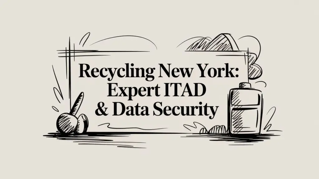 Hand-drawn style graphic with the text &ldquo;Recycling New York: Expert ITAD & Data Security&rdquo; surrounded by sketches of a plant, a bottle, and decorative lines on a light background.