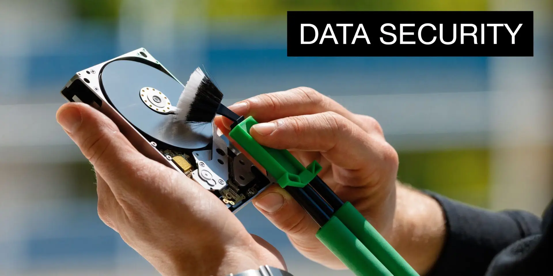 A close-up of a person cleaning a hard drive disk with a small brush for data security.