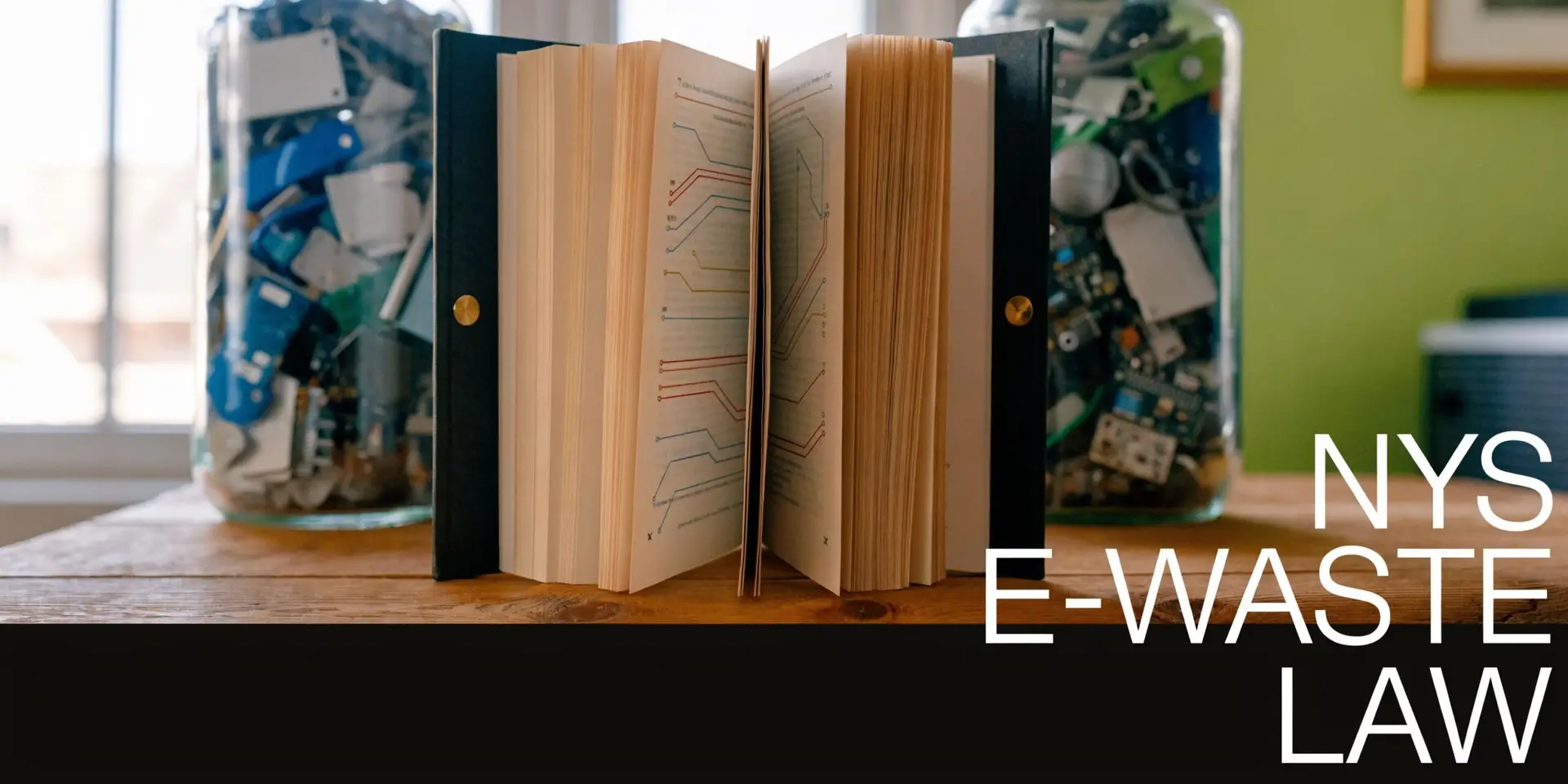 An open book with colorful flowcharts sitting on a wooden table between two jars full of electronics.