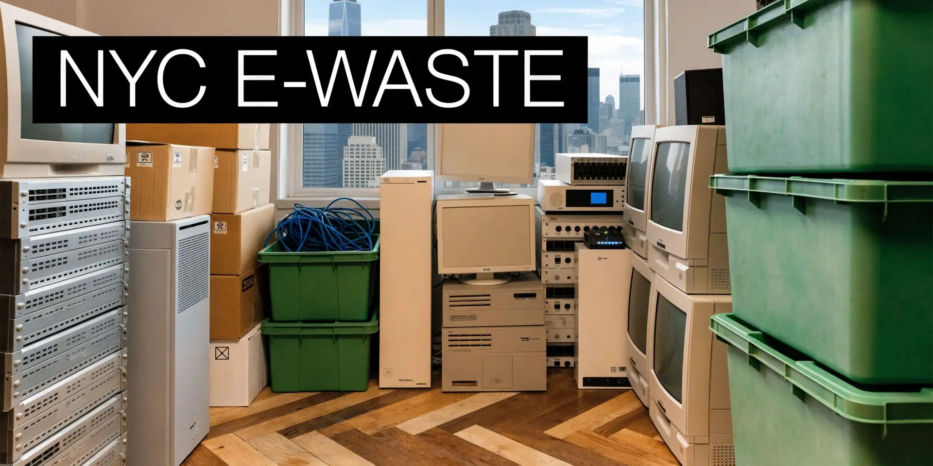 A room filled with various electronic waste equipment and storage bins against a New York City backdrop.