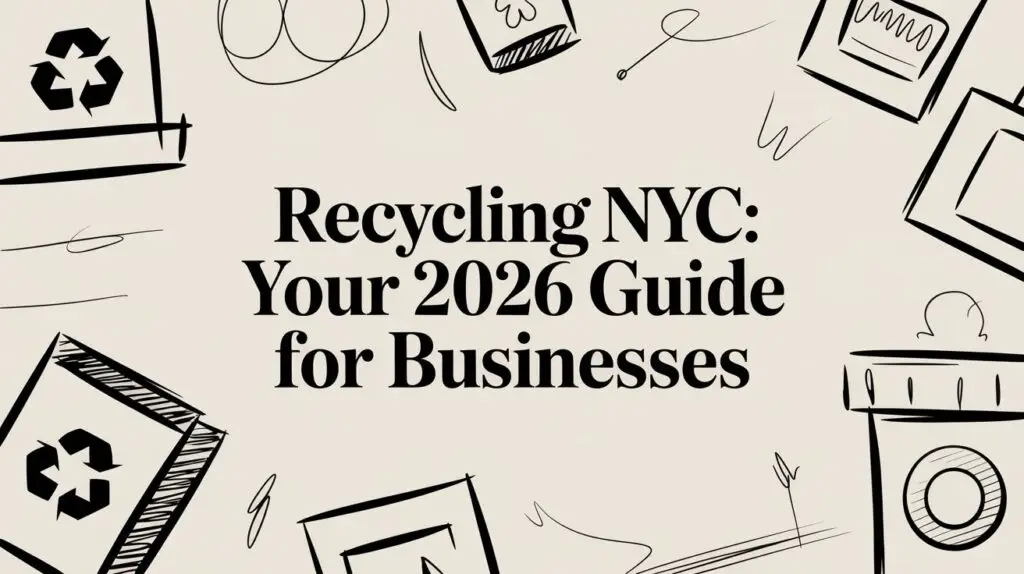 Illustrated recycling symbols and office items surround the bold text, &ldquo;Recycling NYC: Your 2026 Guide for Businesses,&rdquo; on a beige background.