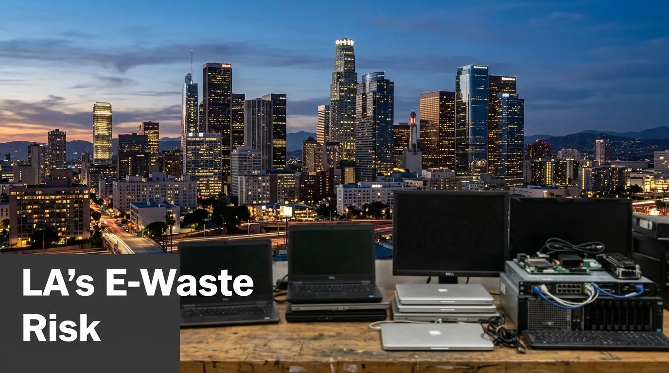 A collection of discarded electronic devices and laptops sitting in front of a Los Angeles skyline backdrop.