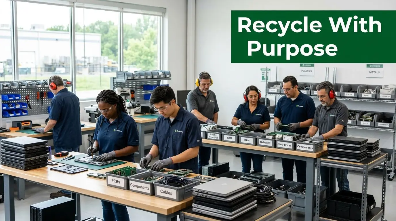 A team of technicians working at workstations in an industrial facility recycling electronic waste components.