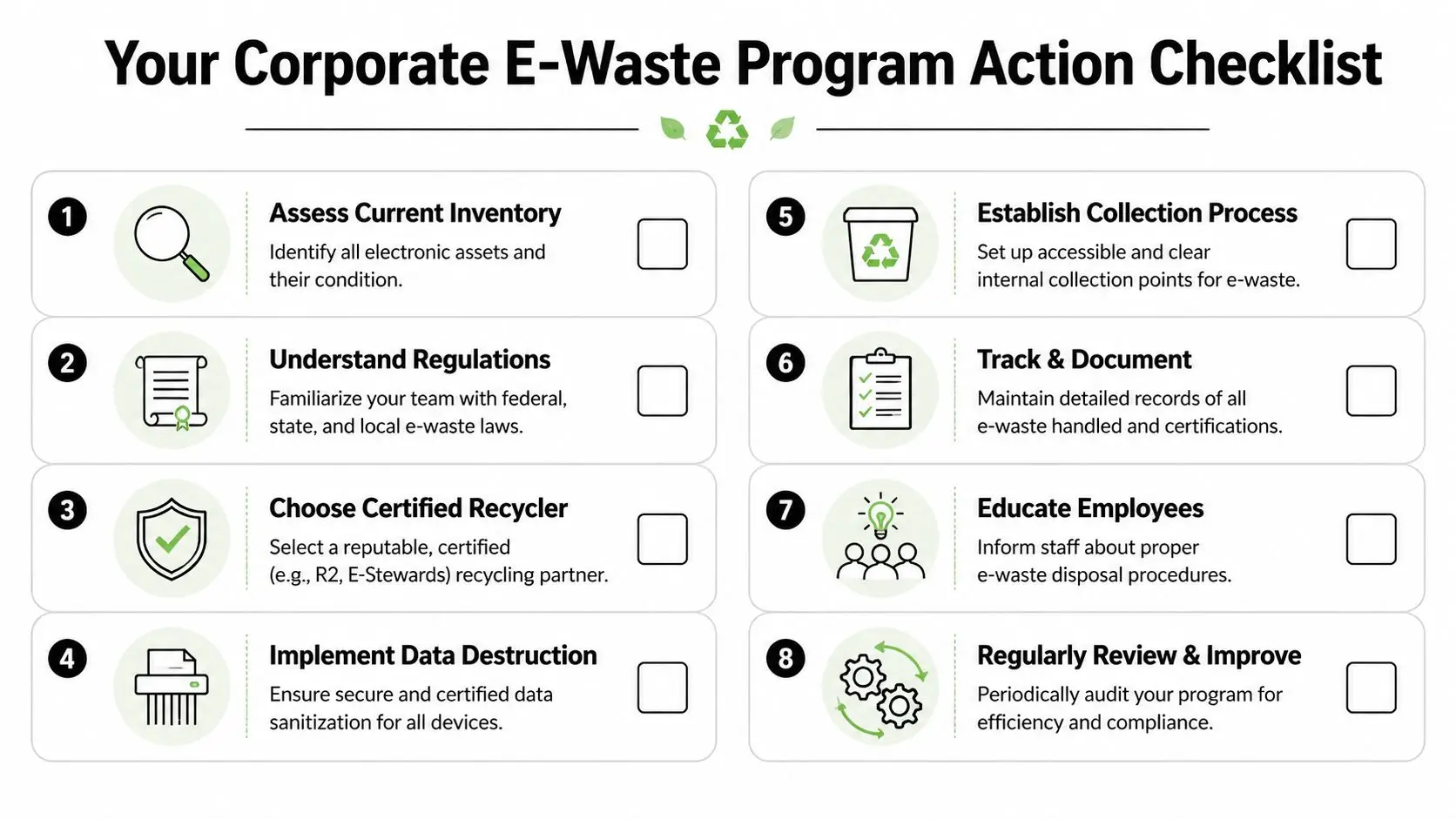 A corporate e-waste program action checklist infographic with eight essential steps for responsible recycling and data destruction.