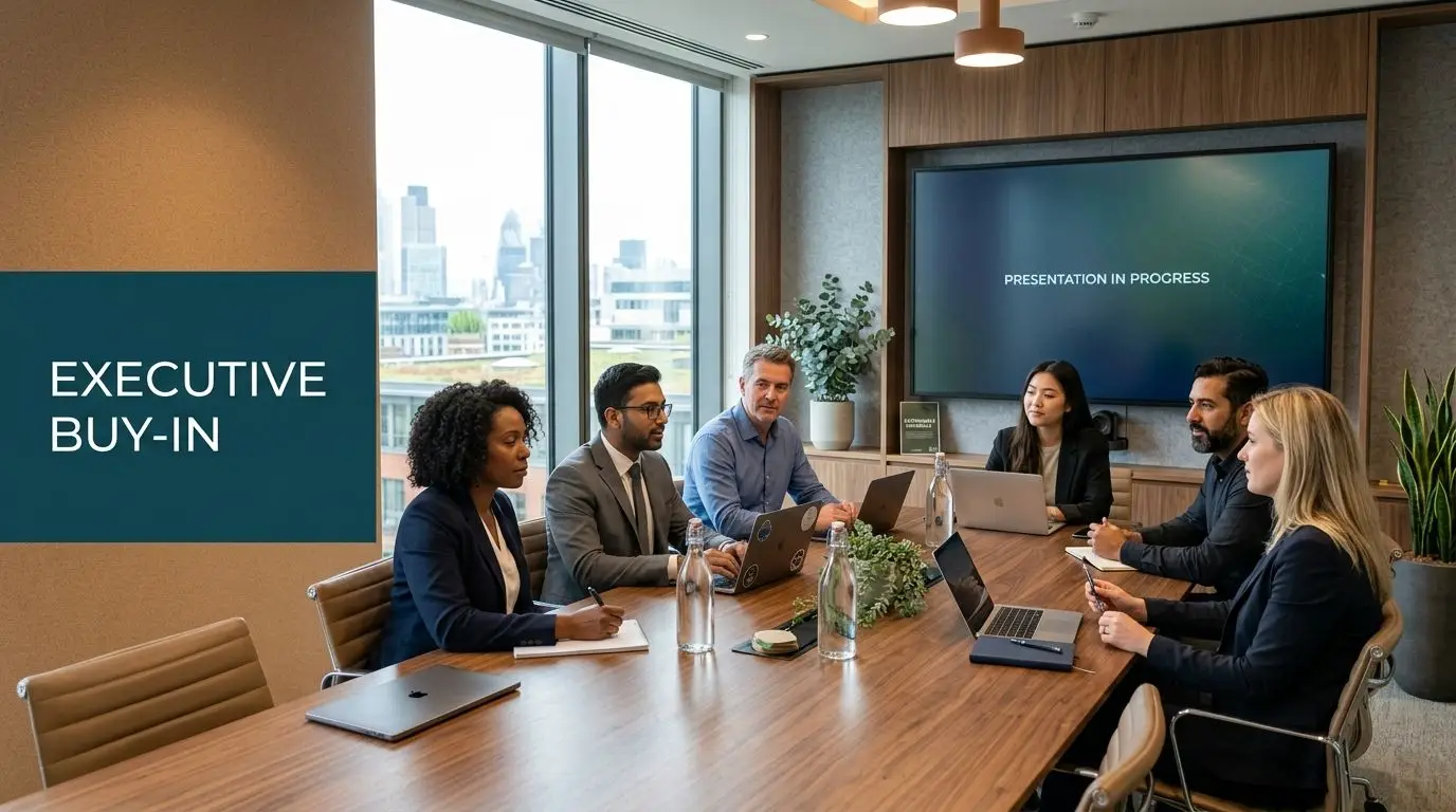 A group of diverse corporate professionals collaborating during a business meeting in a modern, sunlit boardroom.