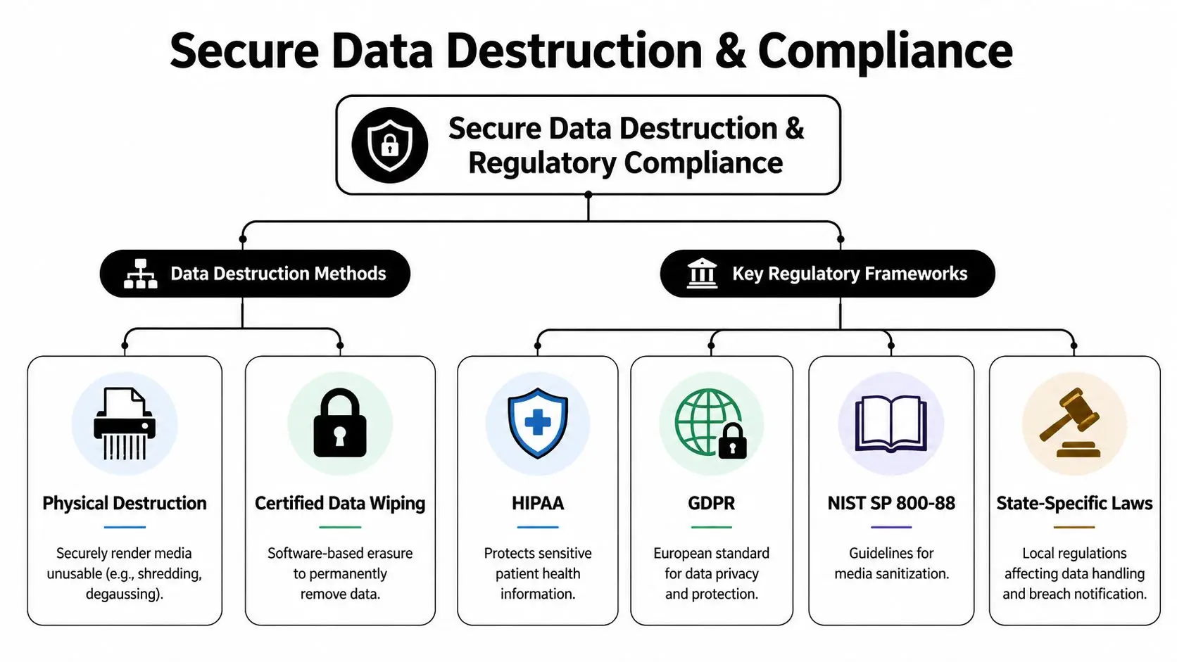 An organizational chart outlining data destruction methods and key regulatory frameworks for secure data management.