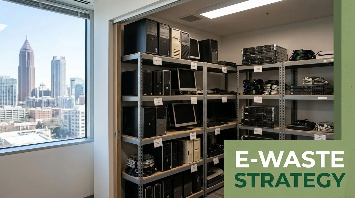 A storage closet filled with old desktop computers and server equipment, next to an Atlanta city view.