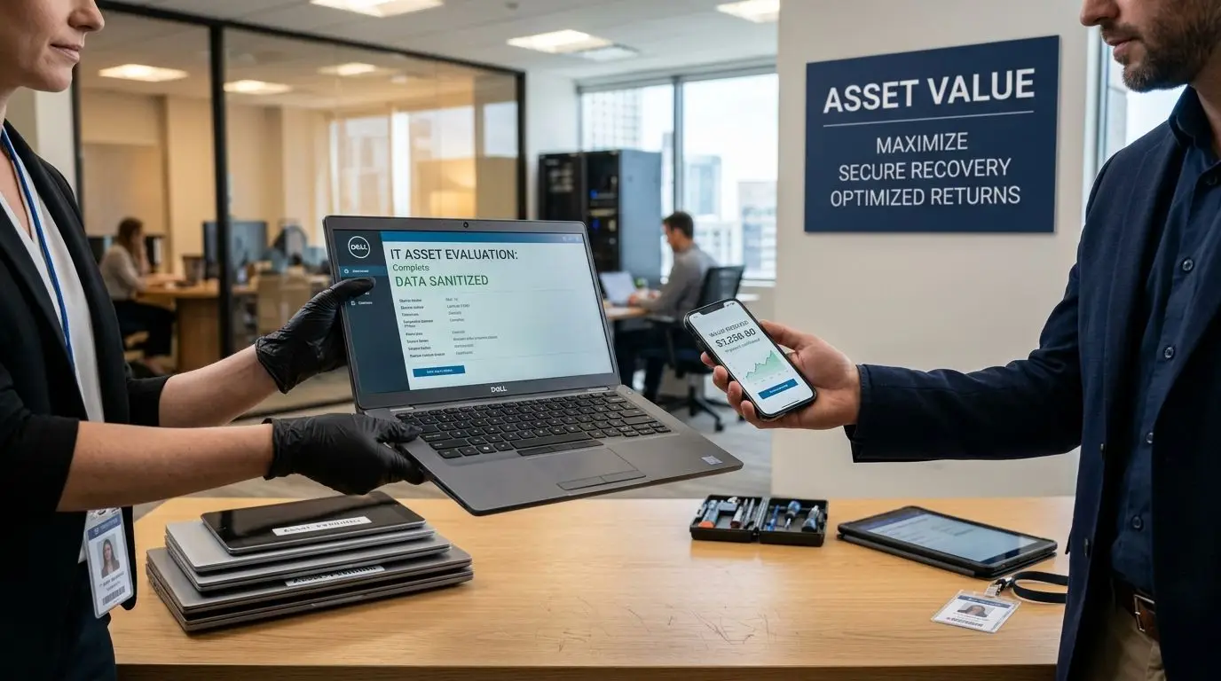A professional handling a sanitized Dell laptop while displaying an asset value report on a smartphone.