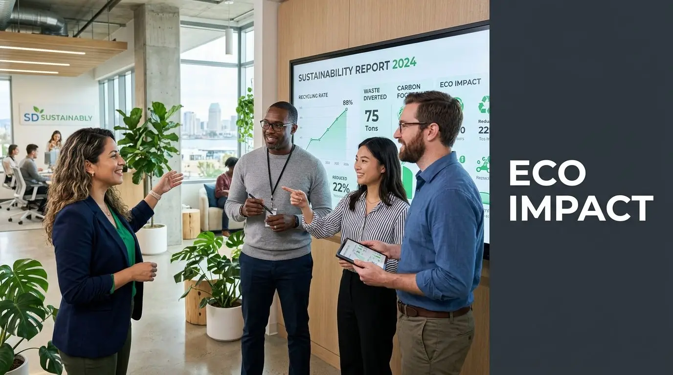 A diverse group of corporate colleagues discussing sustainability reports on a large office screen monitor.