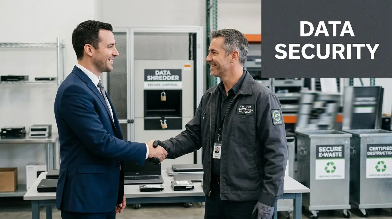 A businessman in a suit and a recycling facility worker shake hands in a secure warehouse environment.