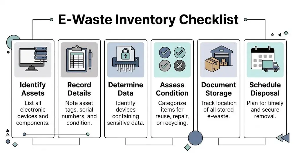 A six-step checklist infographic illustrating the process for professional corporate e-waste management and disposal.