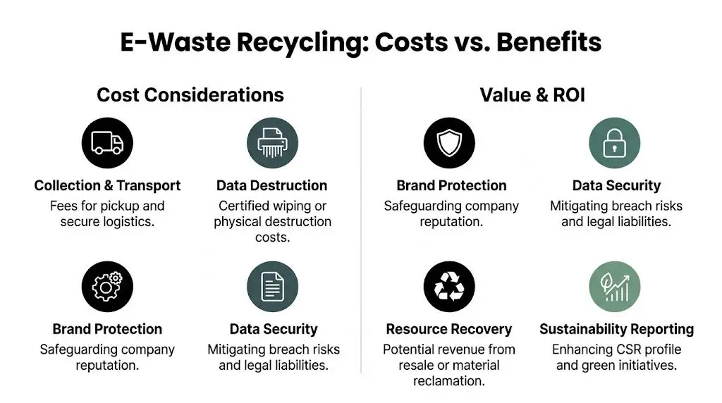 An infographic titled E-Waste Recycling: Costs vs. Benefits outlining operational costs versus strategic business value and ROI.