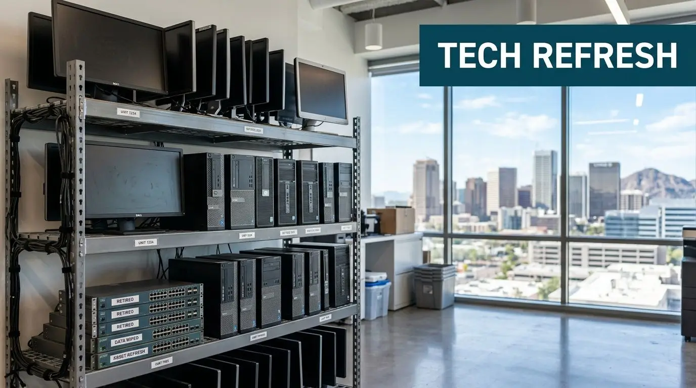 Shelving unit filled with old computer monitors and towers in a Phoenix office for IT asset disposal.