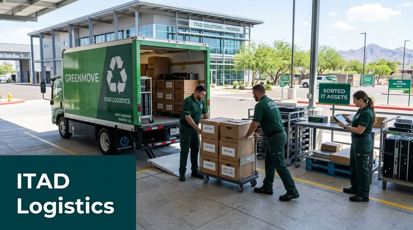 Greenmove ITAD Logistics team unloading equipment from a delivery truck at a facility in Phoenix, Arizona.