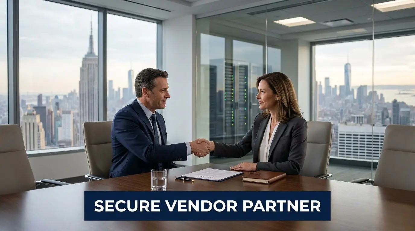 A professional man and woman shaking hands in a modern New York office with a city view.
