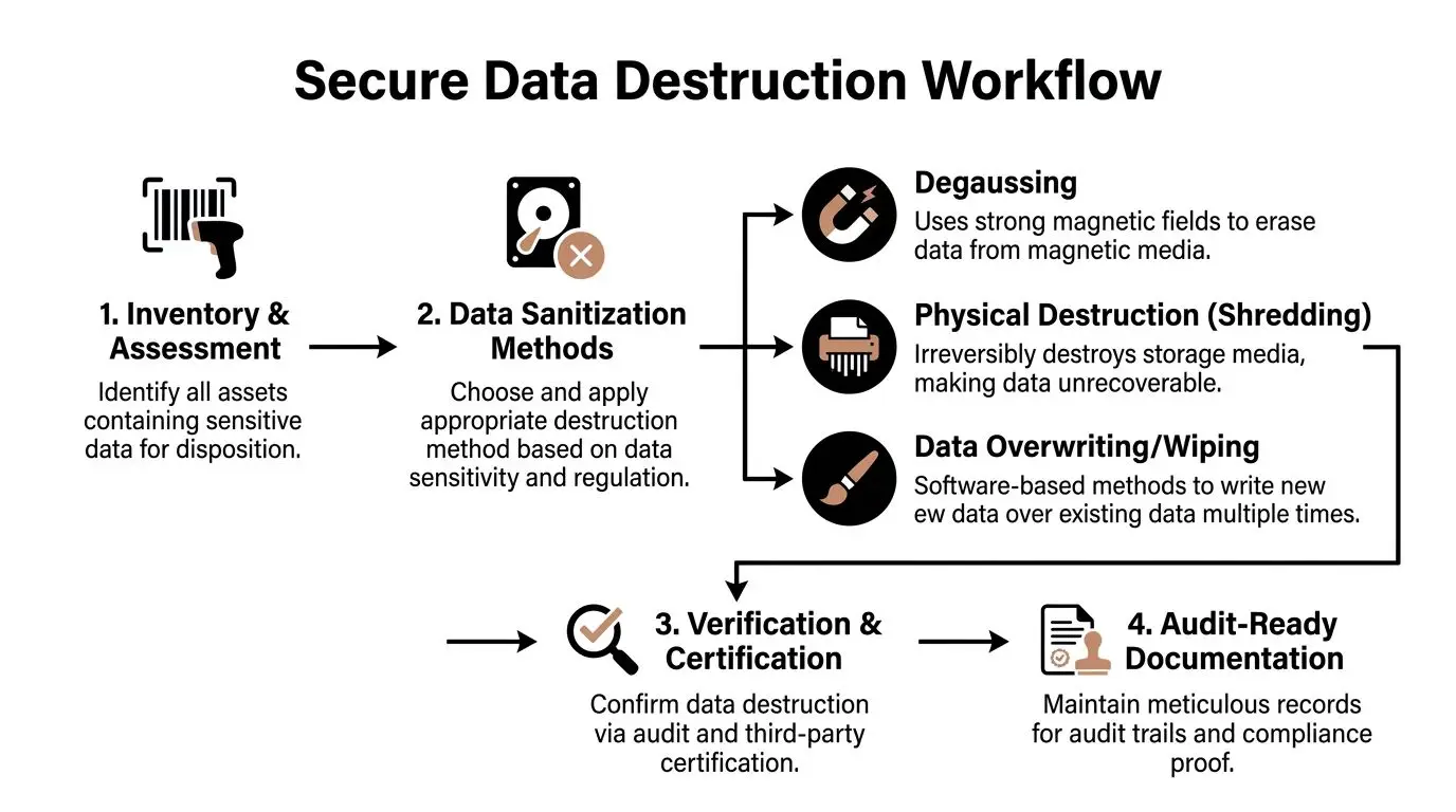 A diagram illustrating the four-step secure data destruction workflow for disposing of sensitive digital storage assets.