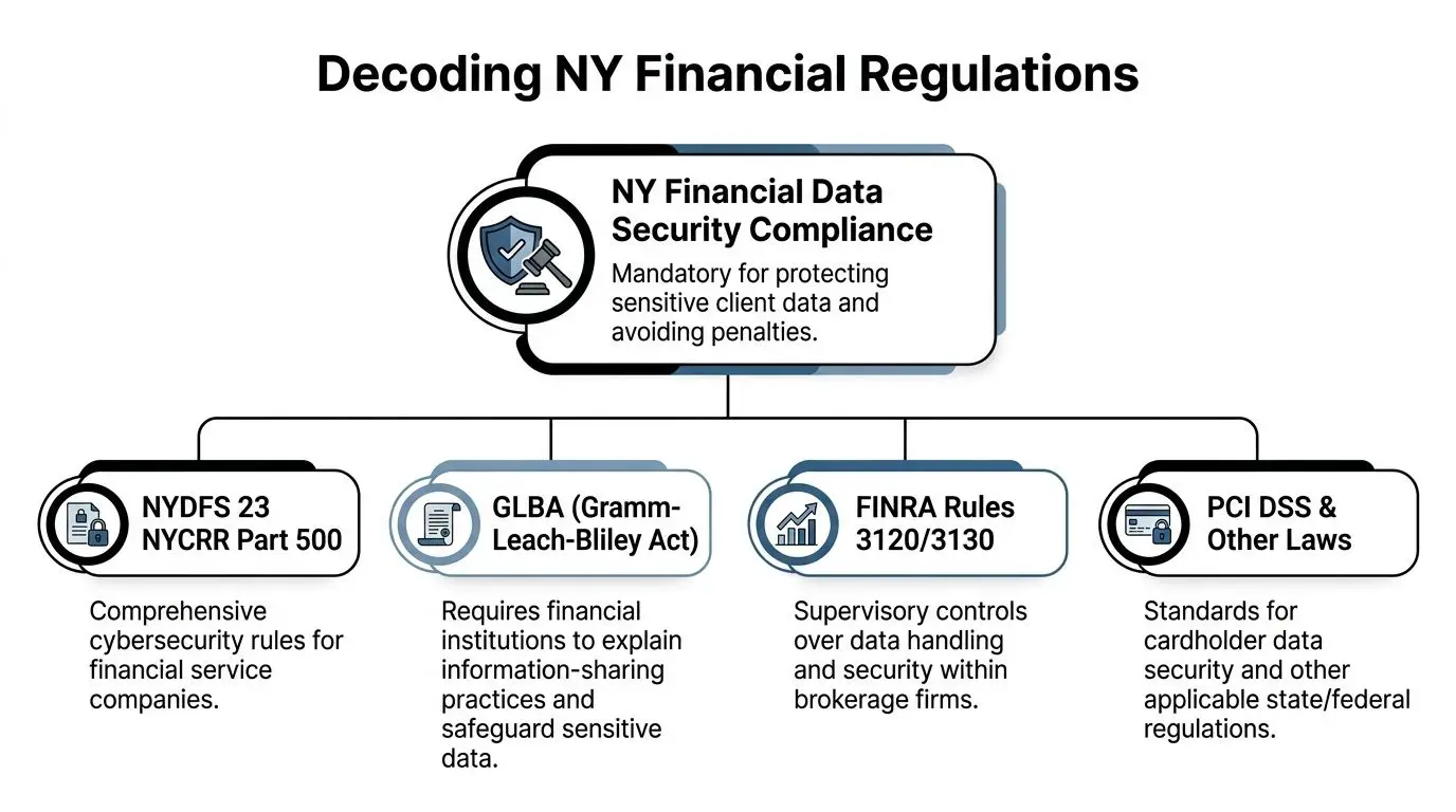 A diagram illustrating major NY financial regulations for data security compliance including NYDFS, GLBA, FINRA, and PCI DSS.