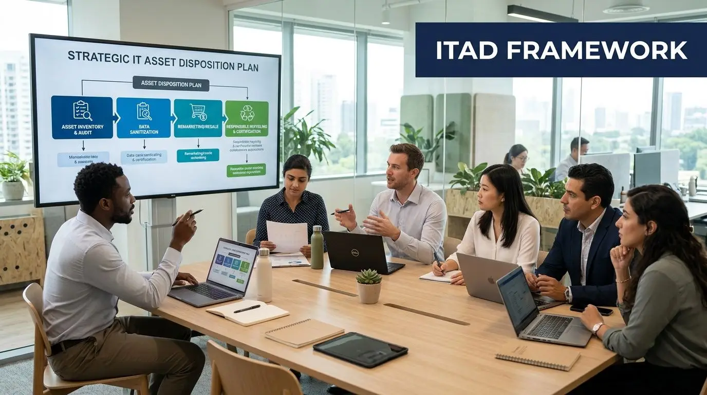 A diverse business team collaborating on an IT asset disposition strategy in a modern office boardroom.