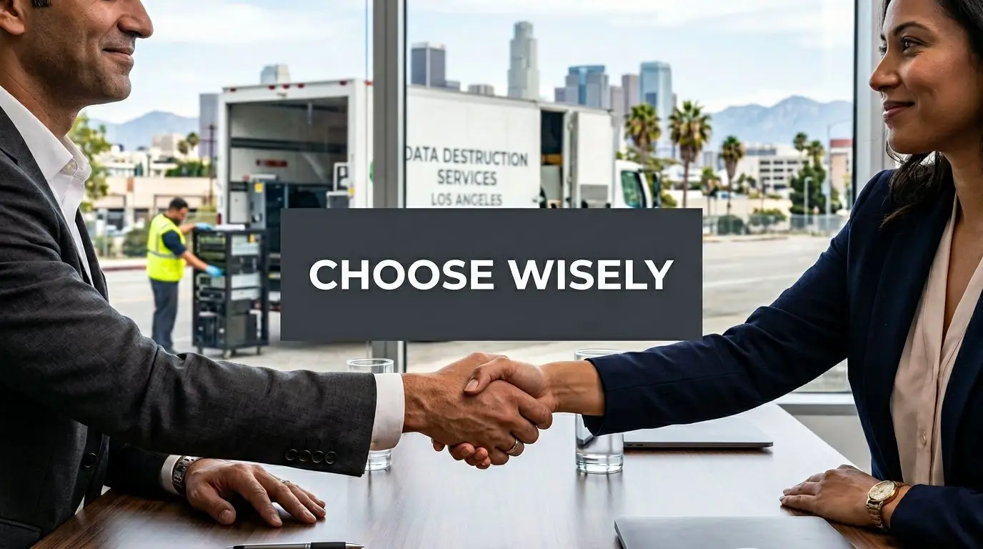 A professional man and woman shaking hands in an office overlooking data destruction services in Los Angeles.