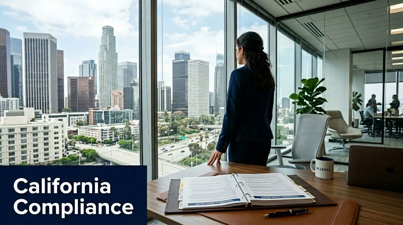 A businesswoman looks out an office window at the Los Angeles city skyline during the day.