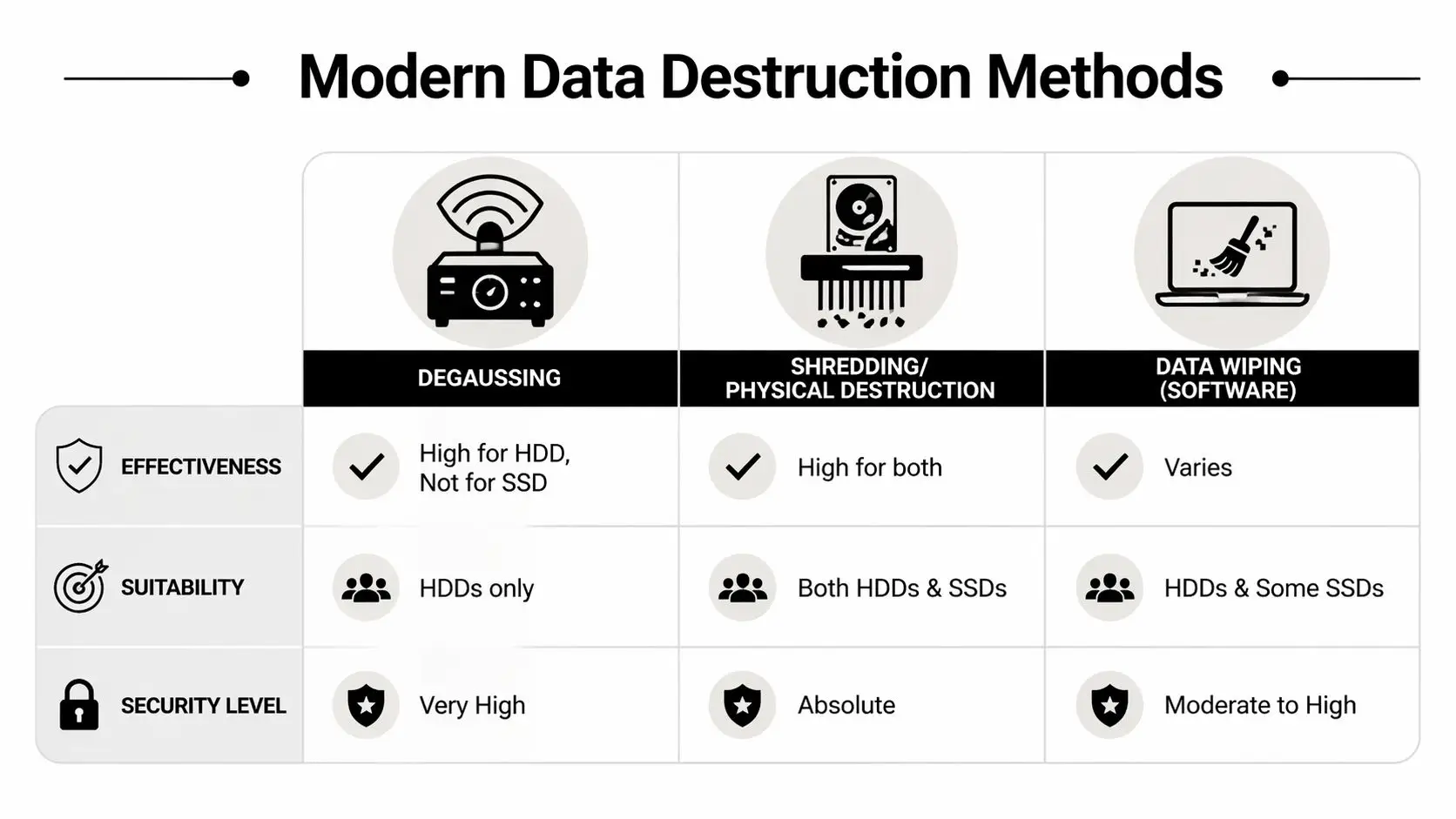 A comparison chart outlining modern data destruction methods: degaussing, physical shredding, and software-based data wiping.