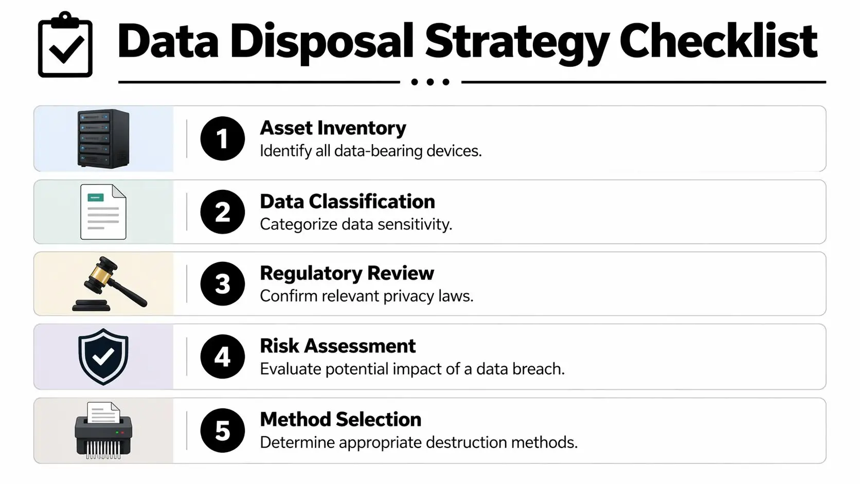 A five-step checklist for a strategic data disposal process including asset inventory and secure destruction methods.