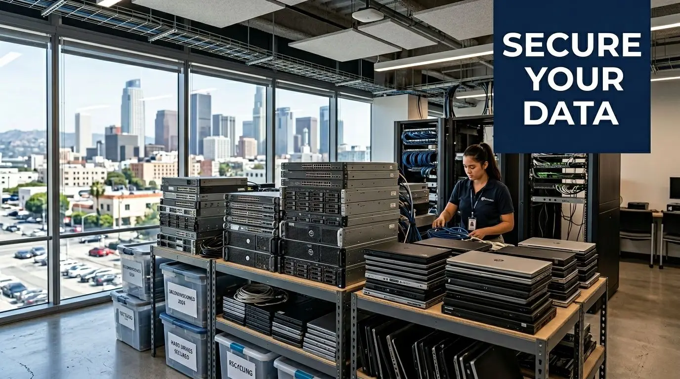 A technician organizing IT hardware and laptops in a Los Angeles office with a city skyline backdrop.