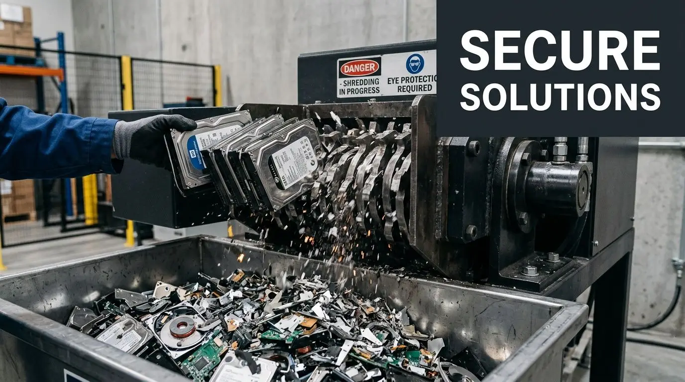 A gloved hand feeding hard drives into an industrial shredder for secure data destruction and disposal.