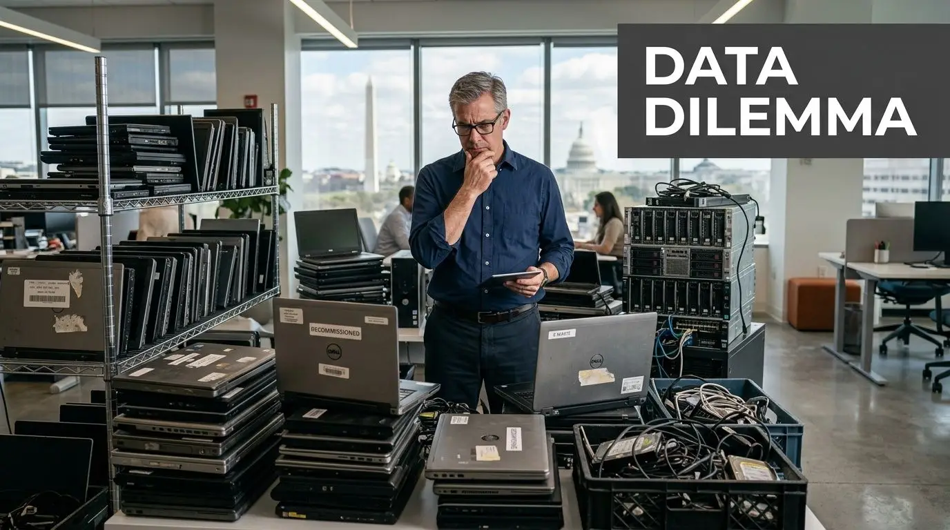 A professional examining decommissioned IT equipment with the Washington DC skyline visible in the background office.