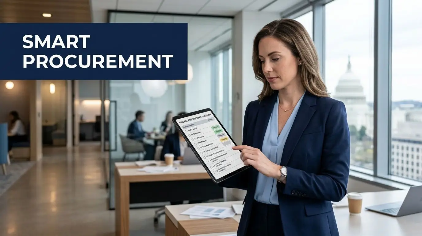 A professional woman in a suit using a tablet to review procurement processes in an office setting.