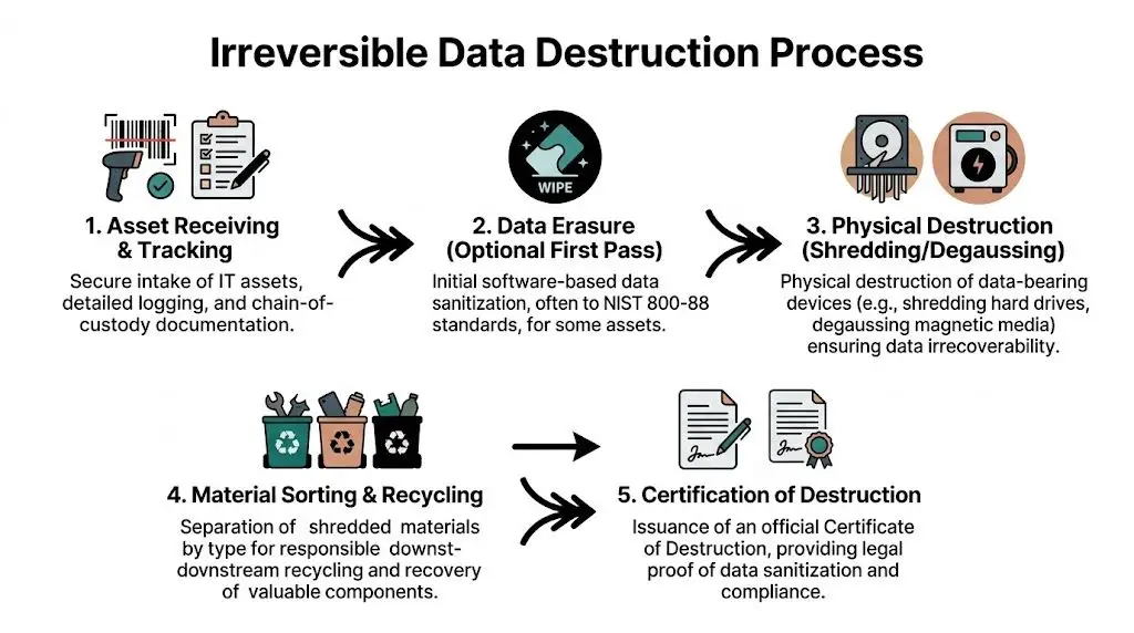 A diagram outlining the five-step irreversible data destruction process for secure IT asset disposal and recycling.