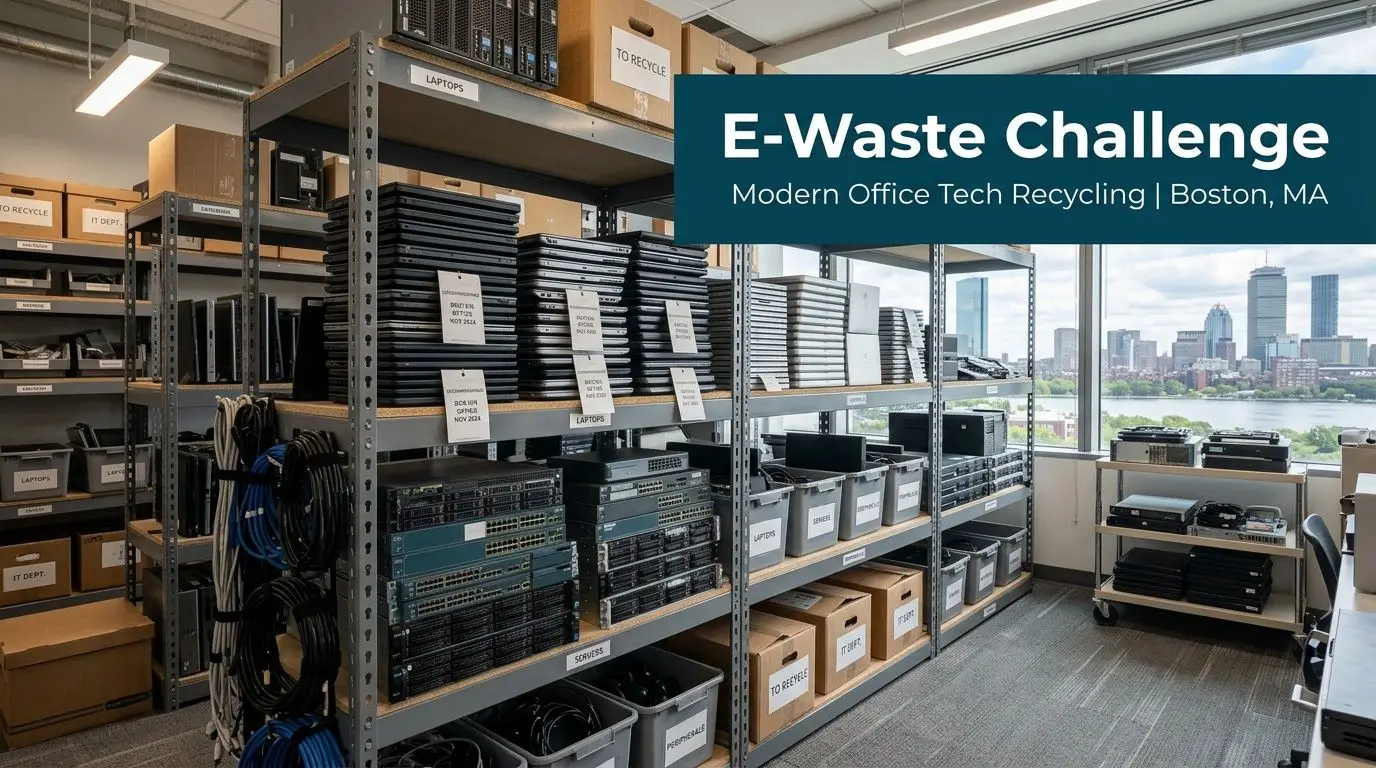 Shelves stacked with various recycled electronic devices in a modern Boston office overlooking the city skyline.