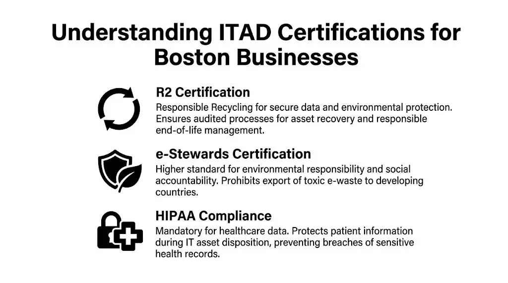 A graphic explaining R2, e-Stewards, and HIPAA certifications for IT asset disposition services in Boston.