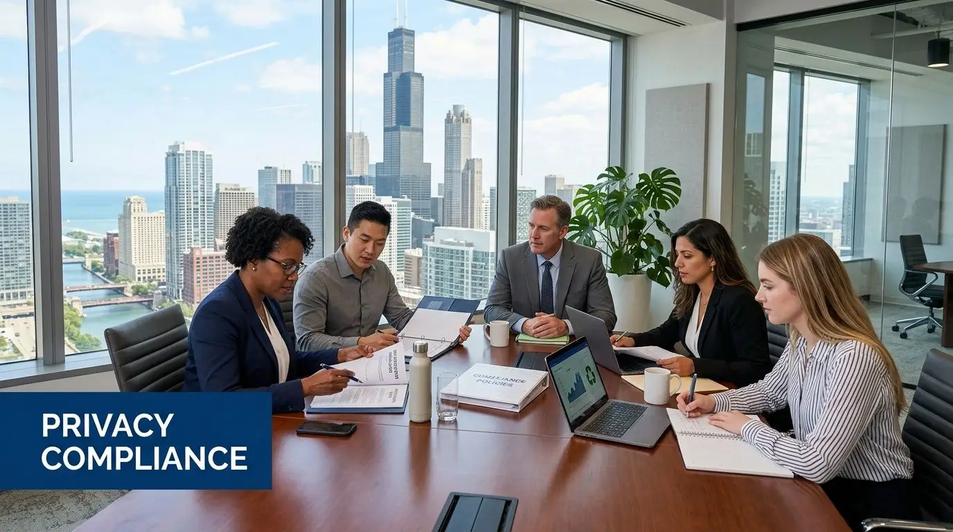 A professional team of business colleagues collaborating around a conference table in a modern Chicago office building.