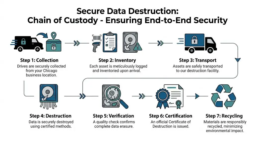 A diagram illustrating the seven-step secure data destruction process for hard drives in Chicago.