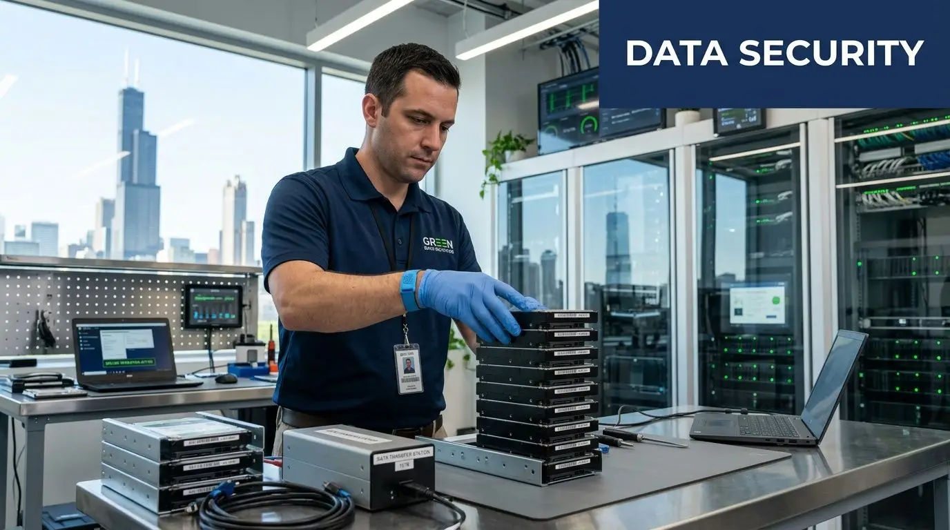 A technician wearing blue gloves handling a stack of hard drives in a secure Chicago data center.