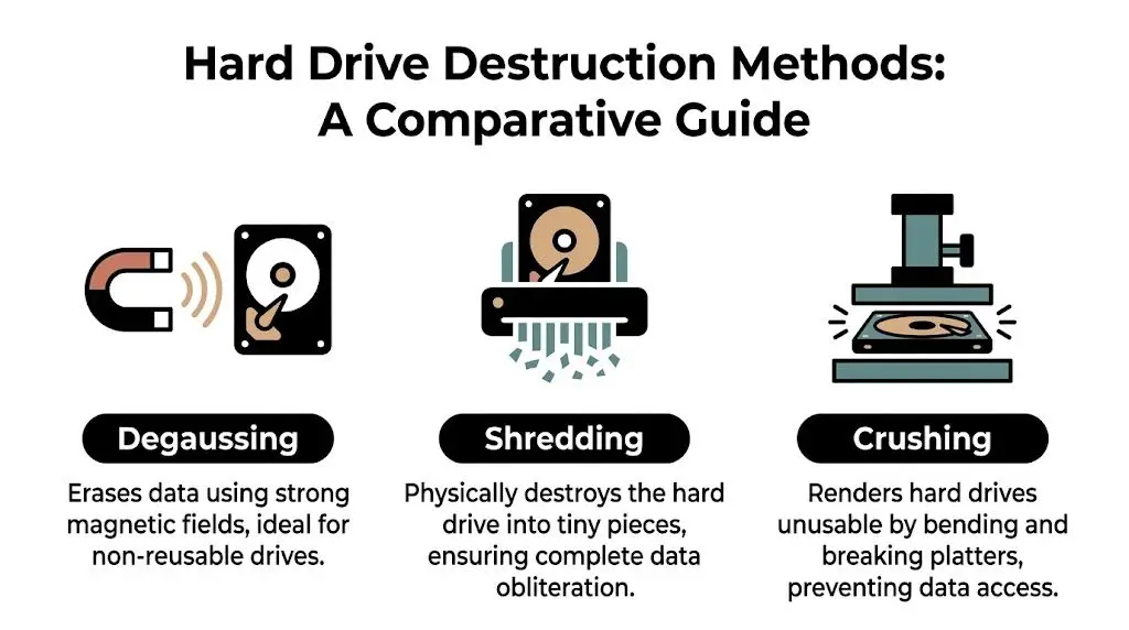 An infographic illustrating three methods for hard drive destruction: degaussing, shredding, and physical crushing.