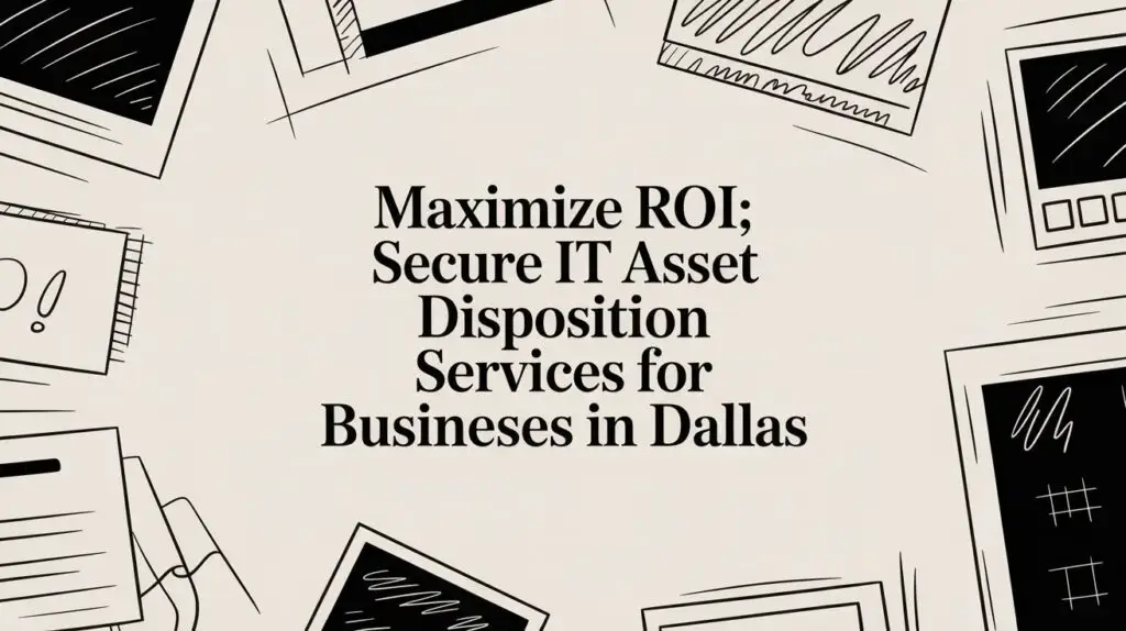 Text in the center reads "Maximize ROI; Secure IT Asset Disposition Services for Businesses in Dallas," surrounded by abstract black-and-white illustrations of electronic devices.