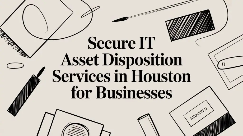 Text reading "Secure IT Asset Disposition Services in Houston for Businesses" with black-and-white sketches of office supplies and technology on a beige background.